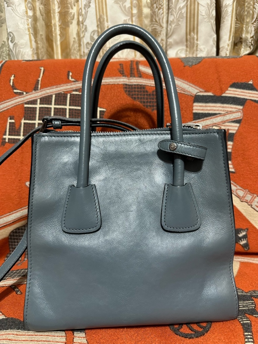 PRADA ❤️🌟 BLUE-GRAY LEATHER TOP-HANDLE SARCHEL W/ DETACHABLE LONG STRAP⭐️ - Picture 2 of 11